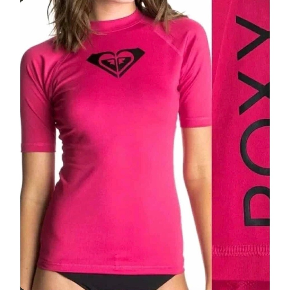 Roxy Womens Short Sleeve Rash Guard Pink Crew Neck Swim Shirt Logo Size XL